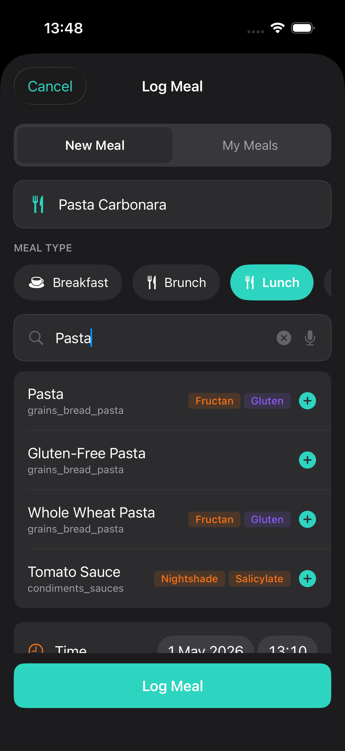 GutMap meal logging — track ingredients for FODMAP elimination